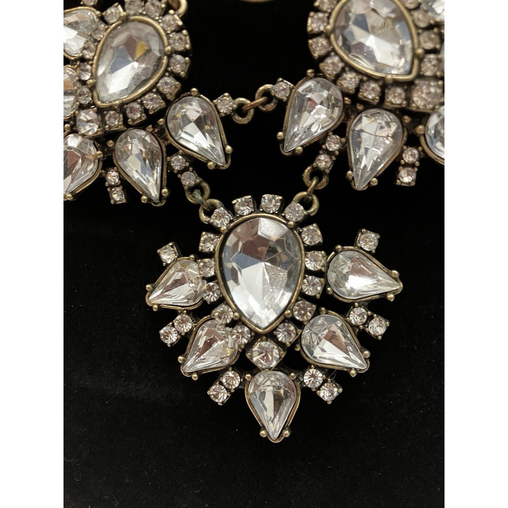 Teardrop Rhinestone Crystal Statement Necklace Antiqued Gold Tone Hollywood Glam - Picture 3 of 9